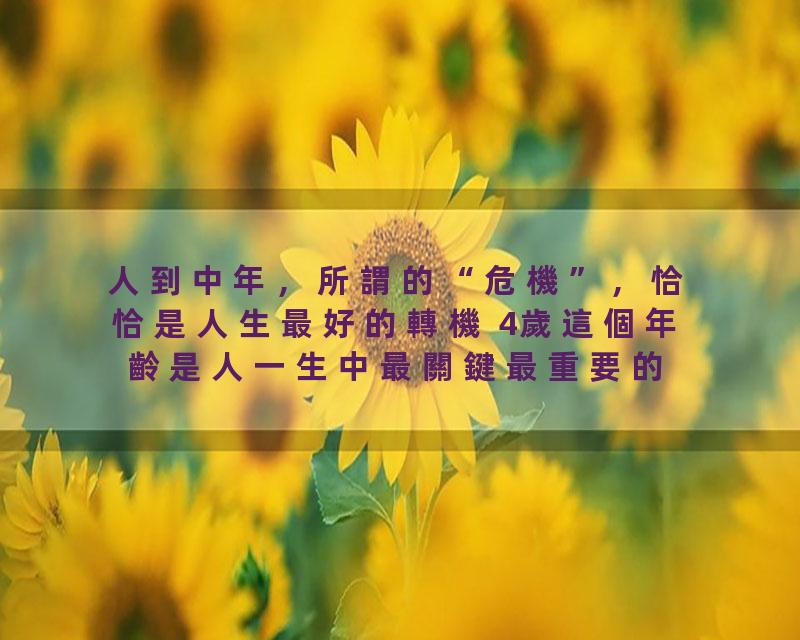 人到中年，所謂的“危機”，恰恰是人生最好的轉機 4歲這個年齡是人一生中最關鍵最重要的時期 盡人事聽天命 大器都是晚成 …