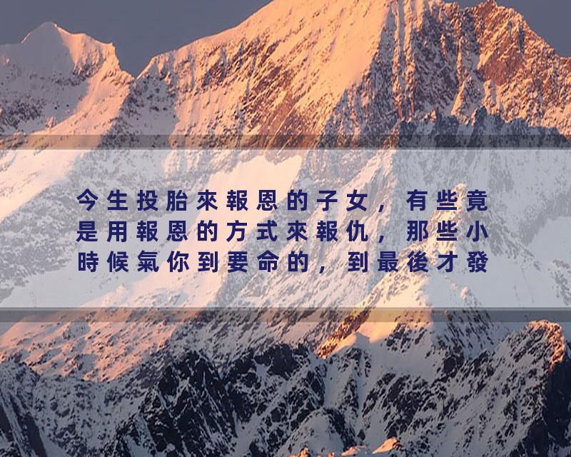 今生投胎來報恩的子女，有些竟是用報恩的方式來報仇，那些小時候氣你到要命的，到最後才發現是來報恩的。不到最後都無法發現…